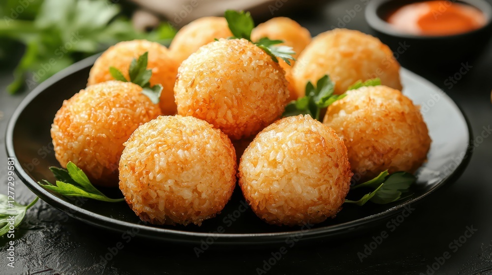 Delicious Crispy Rice Balls Served on Black Plate with Garnish Delicious Crispy Rice Balls Served on Black Plate with Garnish