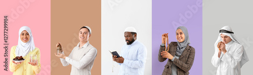 Set of many Muslim people on color background. Ramadan celebration photo