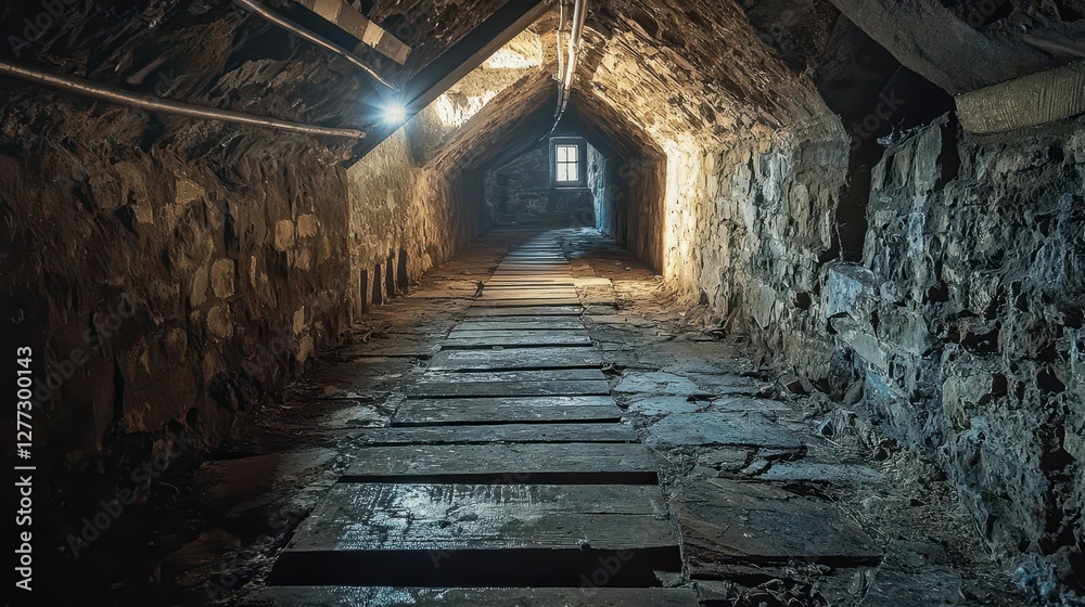 Dark and Mysterious Attic with Wooden Floor and Dim Lighting Dark and Mysterious Attic with Wooden Floor and Dim Lighting