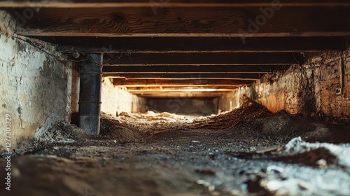 Dark and Dusty Crawl Space Under a House with Exposed Beams