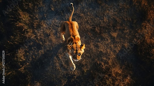 Lioness Running Across Golden Savanna Grassland