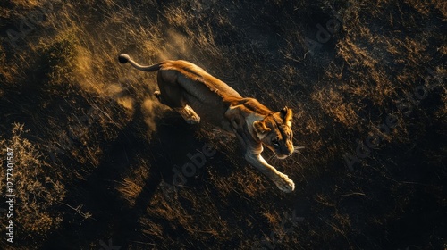 Lioness Running Through Golden Grassland At Sunset