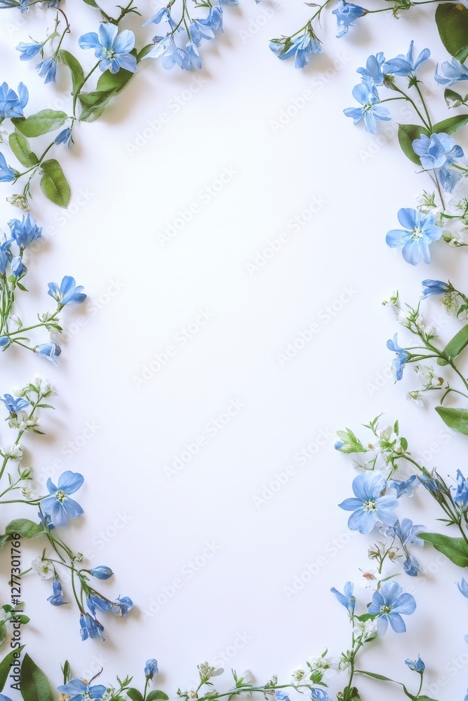 Fototapeta premium Delicate Blue Flowers Frame with White Background for Design Use