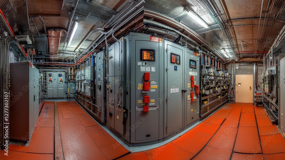 Industrial Control Room with Panels and Wiring in Modern Facility