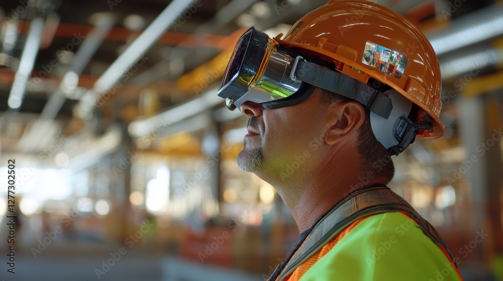 Construction worker using VR headset, inside large industrial building. Possible use Stock photo for industrial technology, innovation, or safety Construction worker using VR headset, inside large industrial building. Possible use Stock photo for industrial technology, innovation, or safety
