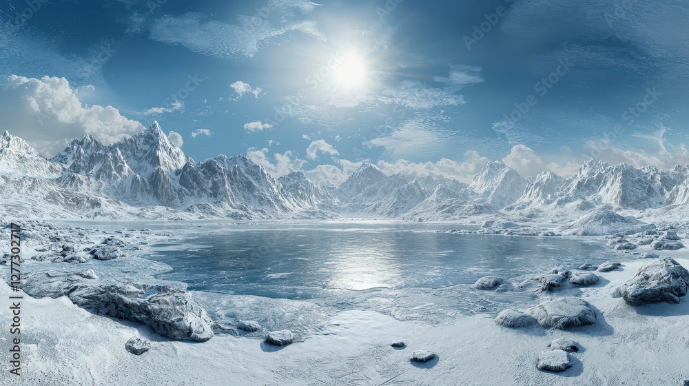 Serene Winter Landscape with Snow-Capped Mountains and Ice Water Serene Winter Landscape with Snow-Capped Mountains and Ice Water