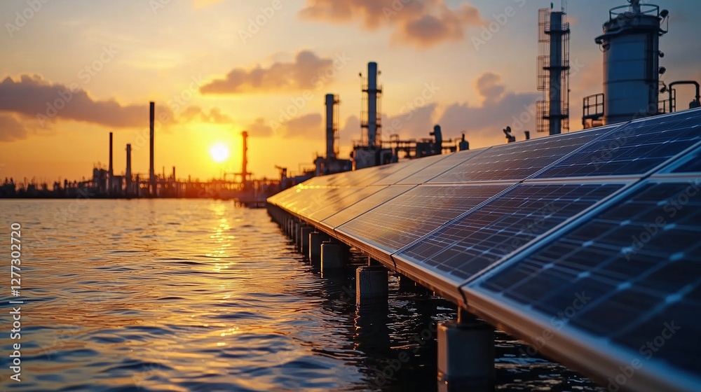 Fototapeta premium Reflection of Solar Panels in Water at Sunset with Industrial Background Showcasing Renewable Energy Transition and Urban Development