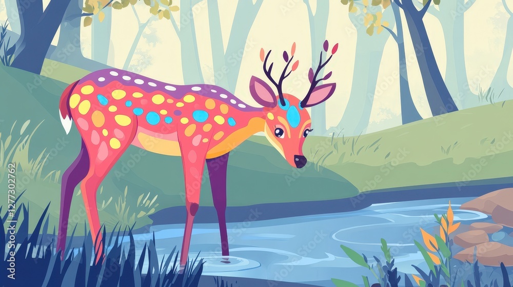 Obraz premium Colorful Abstract Deer in Serene Nature with Stream and Trees