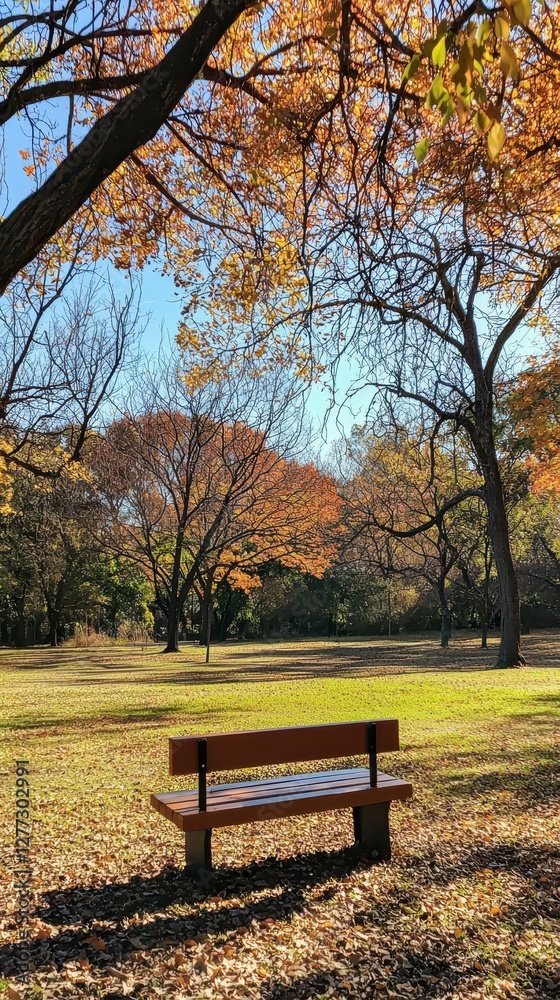 Autumn Landscape with Empty Park Bench Surrounded by Colorful Trees Autumn Landscape with Empty Park Bench Surrounded by Colorful Trees