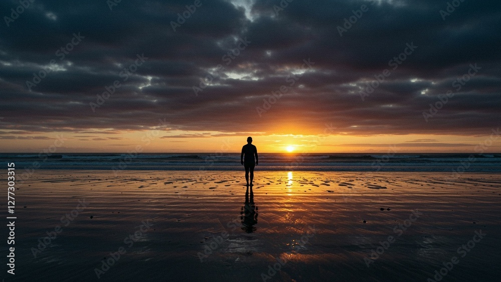 Fototapeta premium Lone figure walking on sunset beach