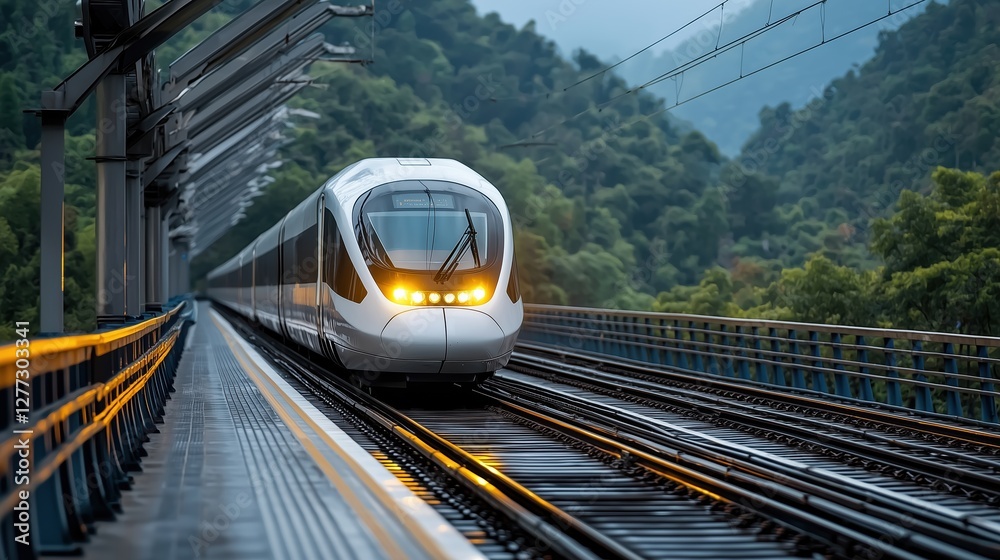Fototapeta premium Modern High-Speed Train Traveling Through Lush Green Mountains on an Overcast Day with Tracks Leading into the Distance