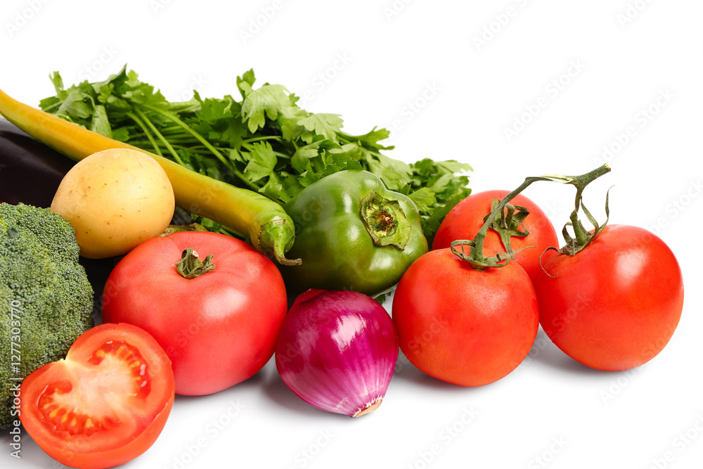 Fresh ripe vegetables on white background, closeup Fresh ripe vegetables on white background, closeup
