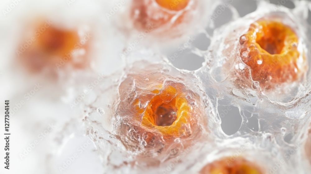 Aging cells magnified under a microscope in a research lab. Featuring cellular decay and biological aging effects Aging cells magnified under a microscope in a research lab. Featuring cellular decay and biological aging effects