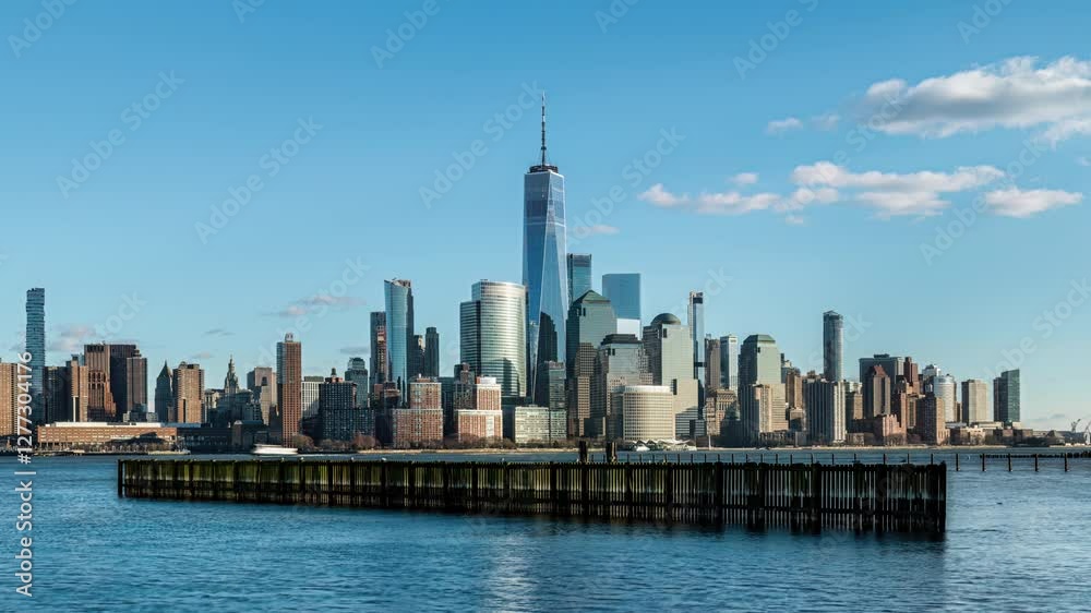 Lower Manhattan skyline view from Newport Hudson riverside in the sunny afternoon Lower Manhattan skyline view from Newport Hudson riverside in the sunny afternoon