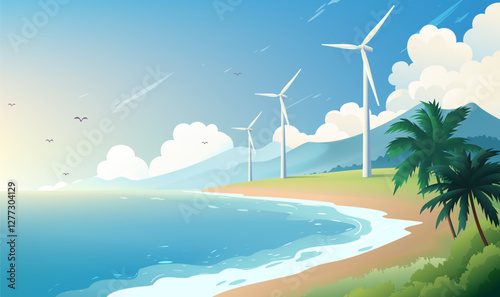 Environmental protection banner design wind turbine at the seaside