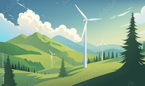 Environmental protection banners design wind turbines between trees and mountains