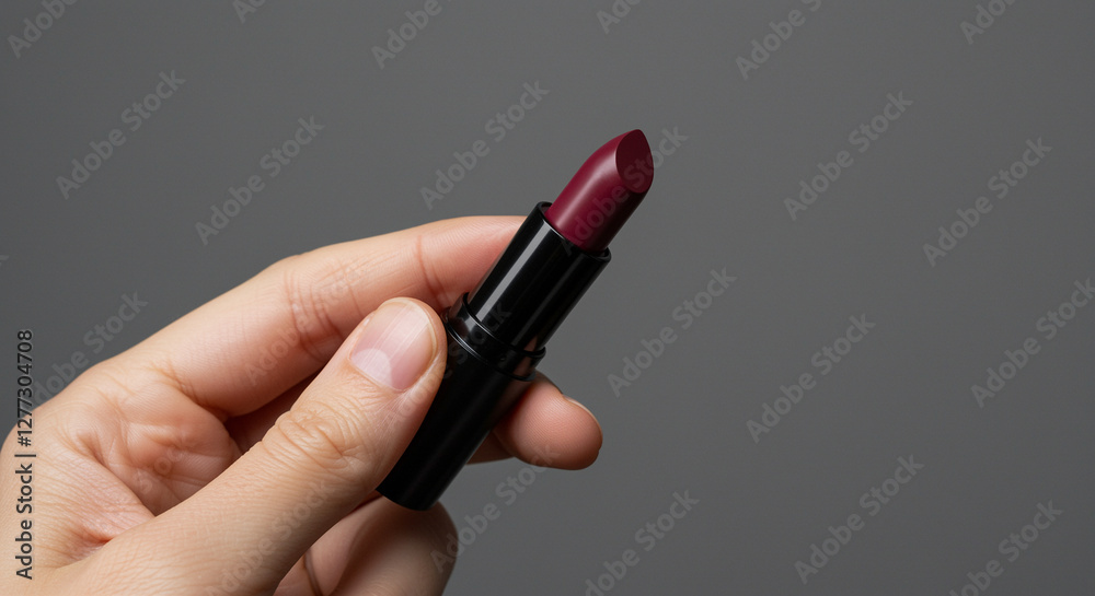 Lipstick in hand close up. Red lipstick in hand. Hand holding lipstick Lipstick in hand close up. Red lipstick in hand. Hand holding lipstick