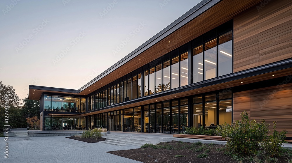 Modern architectural design of a sleek building featuring large windows, wooden elements, and contemporary landscaping during twilight. Modern architectural design of a sleek building featuring large windows, wooden elements, and contemporary landscaping during twilight.