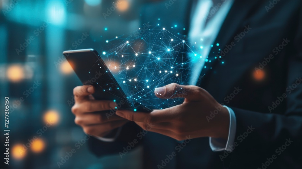 custom made wallpaper toronto digitalBusinessperson using smartphone with network graphic