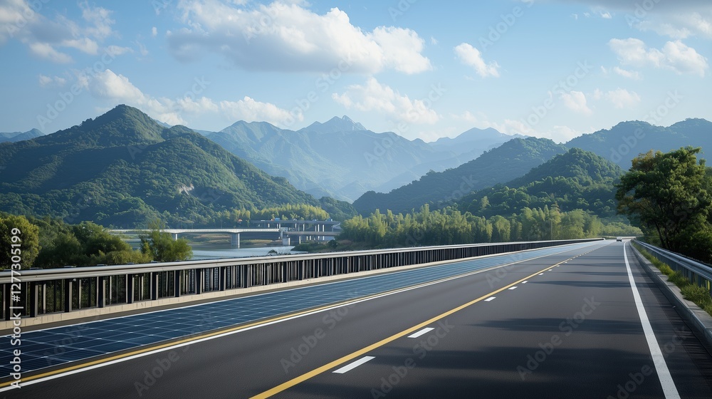 Naklejka premium Modern highway with solar panels on the surface alongside lush green mountains, clear blue skies, and a serene river flowing in the distance