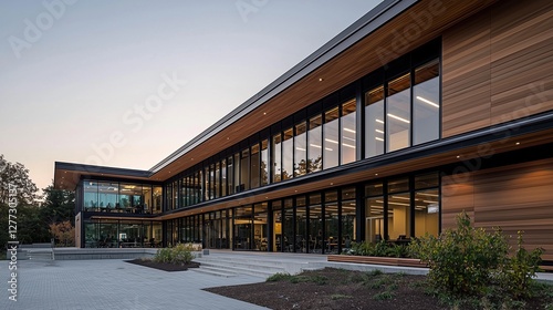 Wallpaper Mural Modern architectural design of a sleek building featuring large windows, wooden elements, and contemporary landscaping during twilight. Torontodigital.ca
