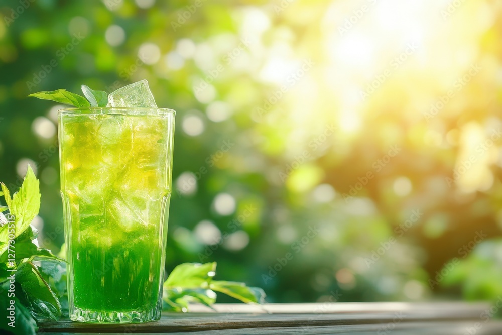 Refreshing Green Drink with Ice and Mint in Natural Sunlight Refreshing Green Drink with Ice and Mint in Natural Sunlight