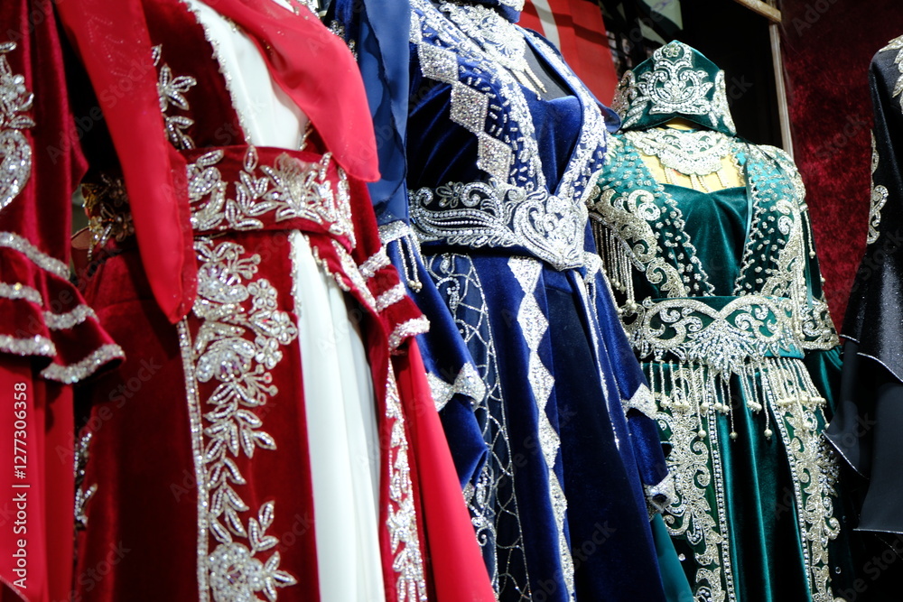 Obraz premium Traditional Turkish women's clothing. Henna night outfit. Bindalli, caftan. Bindalli engagement, henna night dress. Turkish culture. Dresses with belts at the waist.