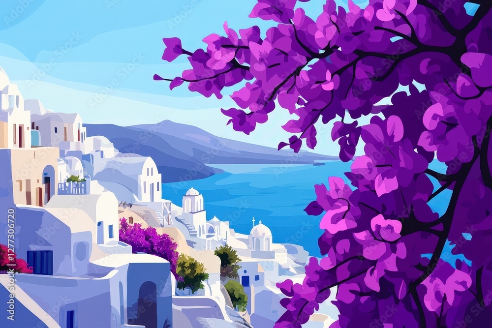 Naklejka premium Vibrant Purple Blossoms Overlooking A Scenic Santorini Village Landscape