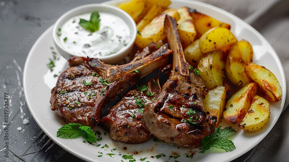 A beautifully presented plate of expertly grilled lamb chops, accompanied by crispy roasted potatoes and a refreshing side of mint sauce A beautifully presented plate of expertly grilled lamb chops, accompanied by crispy roasted potatoes and a refreshing side of mint sauce