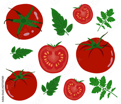 Seamless pattern of Red tomatoes and tomato leaves, vector illustration