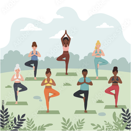 Diverse Group Practicing Tree Pose During Outdoor Yoga Session