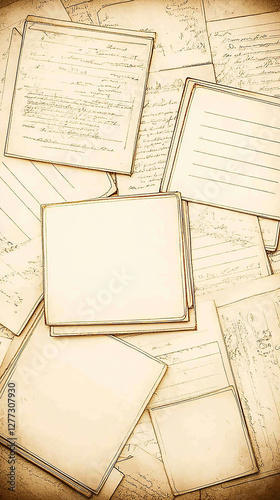 A collection of assorted vintage blank and handwritten papers scattered on a wooden surface