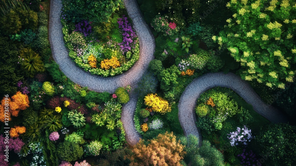 Aerial View Of A Winding Stone Path Through A Lush Garden Aerial View Of A Winding Stone Path Through A Lush Garden