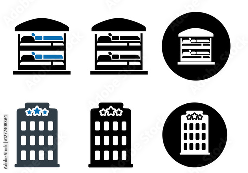 Hostel, building, bed icon