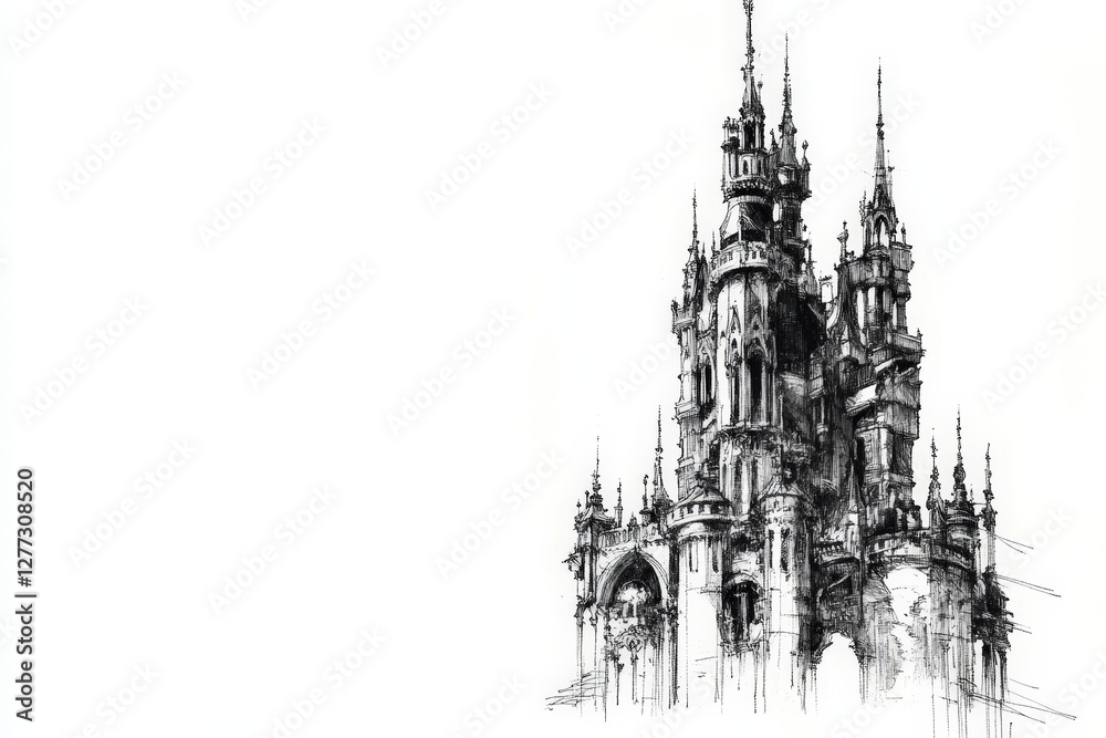 Fototapeta premium Intricate Gothic Castle Illustration with Tall Spires and Details