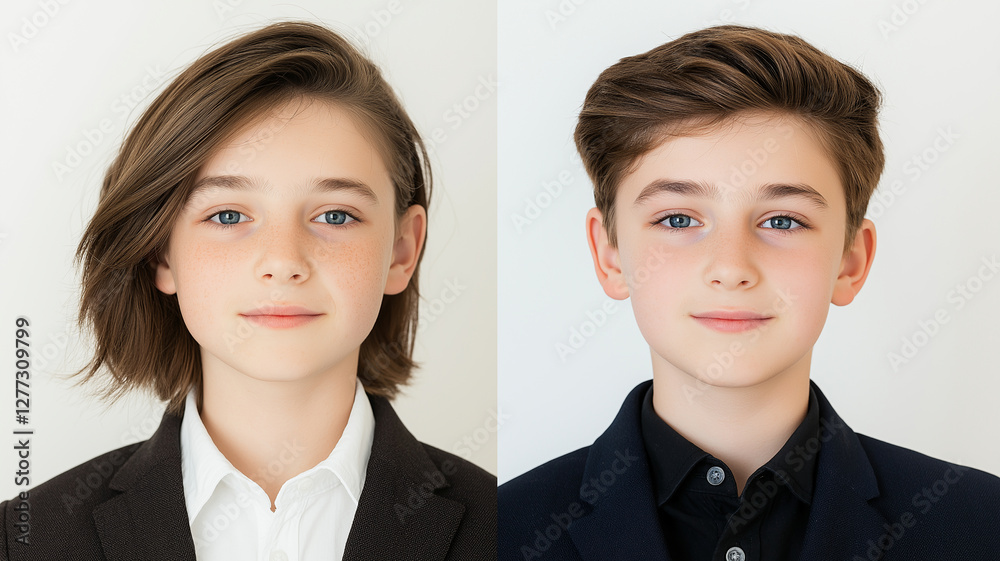 portrait of two teenage boys with brown hair and blue eyes, wearing formal suits. Their expressions are calm and confident, showcasing youthful charm and elegance portrait of two teenage boys with brown hair and blue eyes, wearing formal suits. Their expressions are calm and confident, showcasing youthful charm and elegance