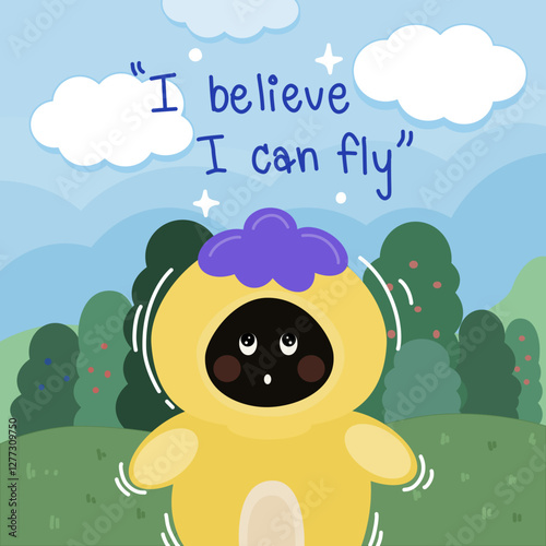 A little black duck wear a mangosteen outfit and try to fly into the sky,Design for t-shirt, mug, bag lunchbox, wallpaper, wrapper, poster and banner flat design for kids. vector illustration