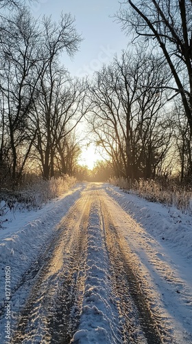 Serene Snowy Pathway at Sunset Surrounded by Trees and Nature