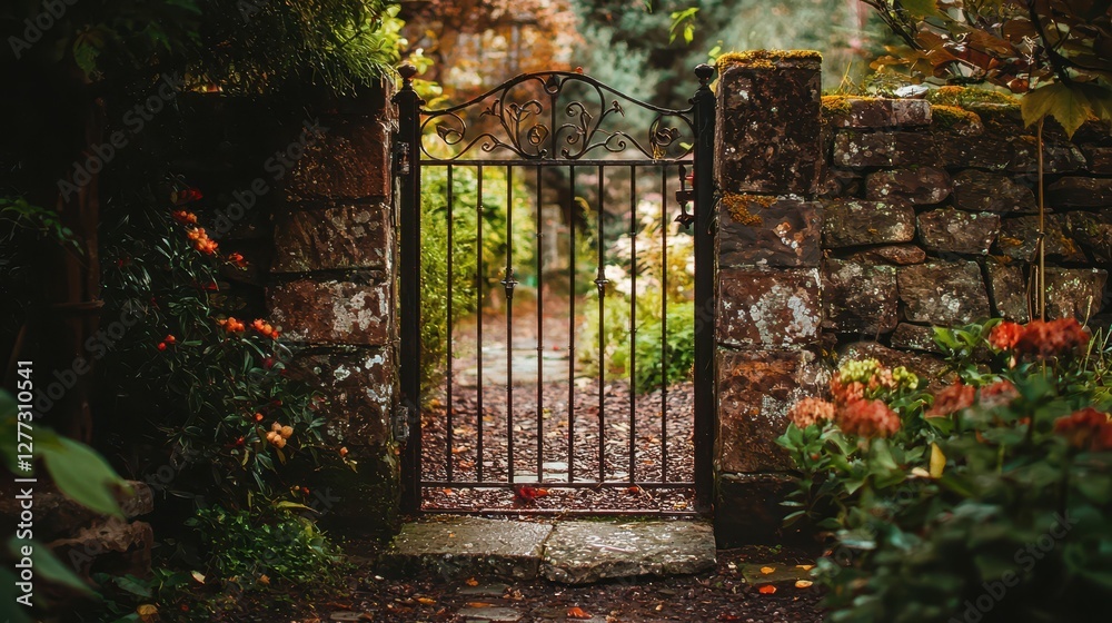 Obraz premium Tranquil Garden Gate Surrounded by Lush Foliage and Flowers