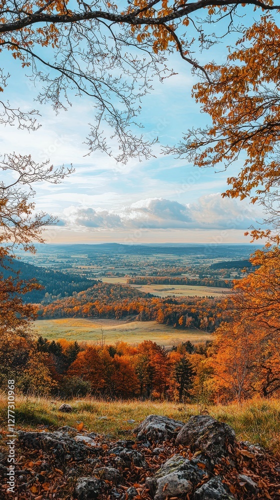 Scenic Autumn Landscape with Vibrant Foliage and Cloudy Sky Scenic Autumn Landscape with Vibrant Foliage and Cloudy Sky