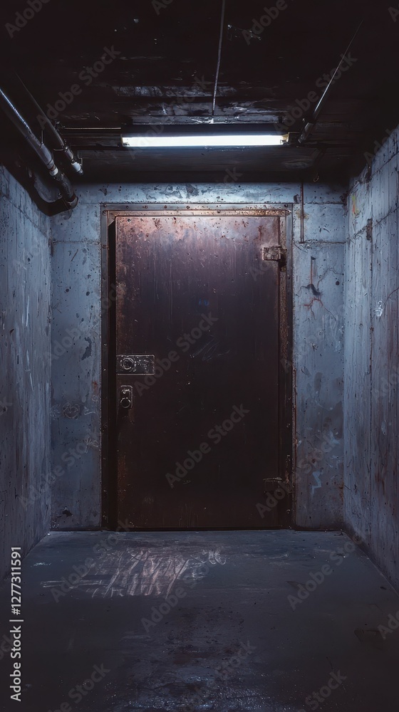 Dark Passageway Leading to an Old Rusty Door in an Abandoned Space Dark Passageway Leading to an Old Rusty Door in an Abandoned Space