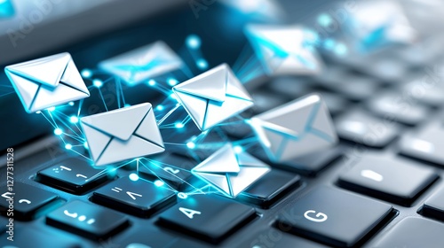 Illuminated Keyboard with Floating Email Icons in Blue Tones for Online Communication