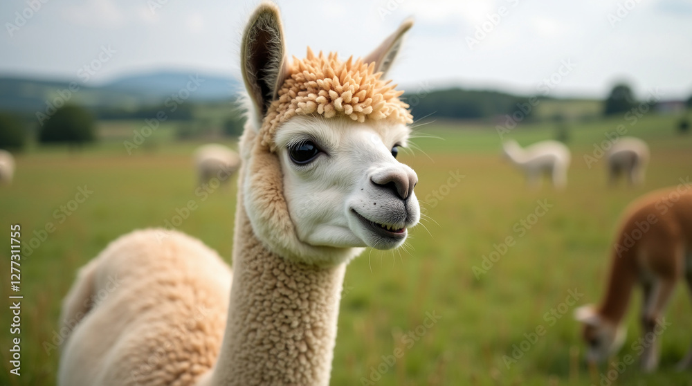 Obraz premium Funny Alpaca with a Quirky Smile in the Countryside
