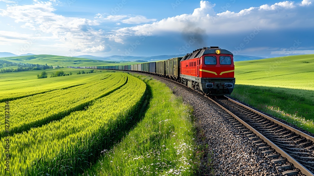 Red Freight Train Transporting Cargo on Railroad Tracks Through Green Rural Landscape Red Freight Train Transporting Cargo on Railroad Tracks Through Green Rural Landscape