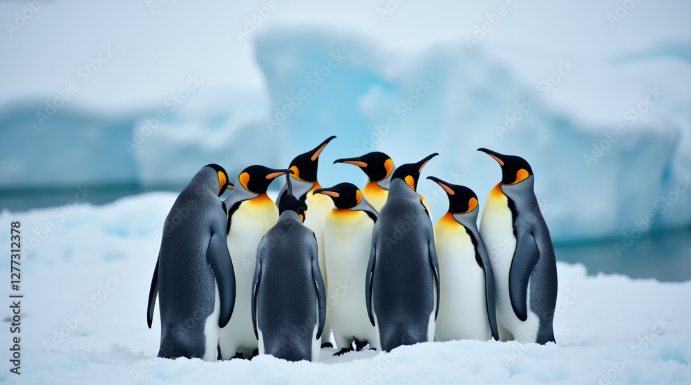 Fototapeta premium Group of Penguins Huddled on an Icy Landscape