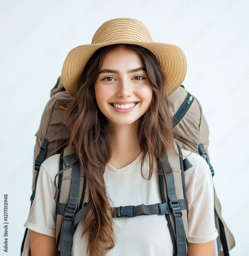 cheerful young woman wearing straw hat and backpack, ready for adventure. Her bright smile and relaxed demeanor convey excitement for outdoor exploration cheerful young woman wearing straw hat and backpack, ready for adventure. Her bright smile and relaxed demeanor convey excitement for outdoor exploration