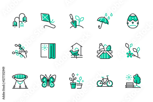 Spring features - set of line design style icons