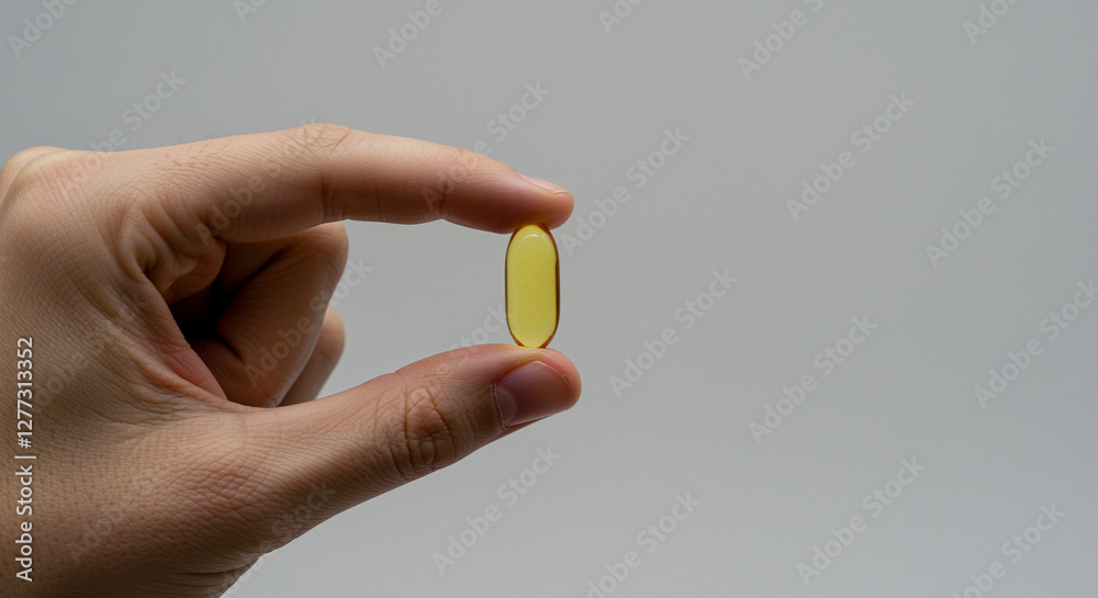 Gel capsule held in hand close up representing nutrition and supplements. Hand holding gel capsule for health and wellness. Close up of gel capsule in hand Gel capsule held in hand close up representing nutrition and supplements. Hand holding gel capsule for health and wellness. Close up of gel capsule in hand