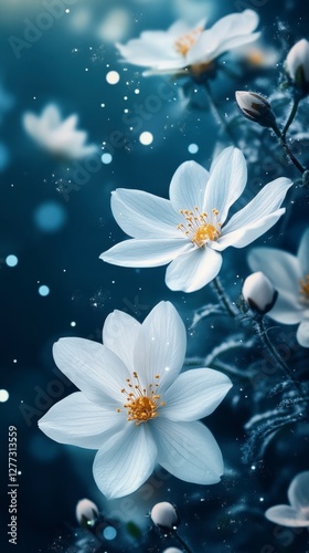 Serene White Flowers on a Soft Blue Background with Bokeh Effect