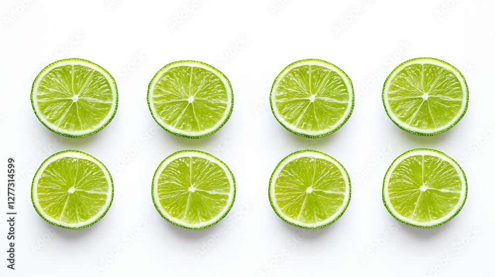 Eight Lime Slices on White Background: A Vibrant Citrus Still Life Eight Lime Slices on White Background: A Vibrant Citrus Still Life